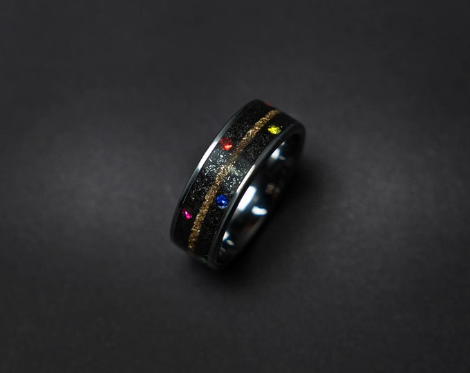 Men's Opal infinity Ring, Tungsten Meteorite Anniversary Band, Unique Wedding Ring for Men, Crystal Inlay Ring for Women, Ladies Lunar Ring