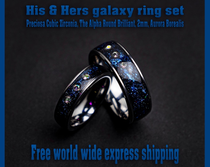 couple ring set, alexandrite wedding ring set, crystal ring set, Blue galaxy, Cubic zirkionia, couples, friendship, engagement, His and hers