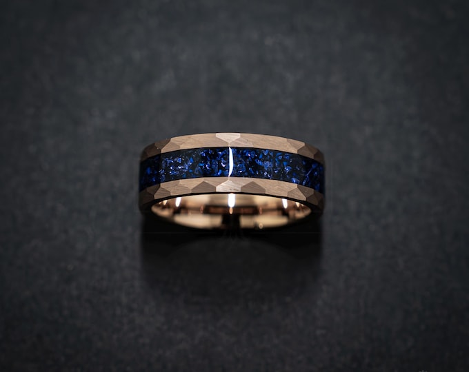 Rose Gold Tungsten Wedding Band 4mm – Blue Galaxy Opal Inlay Ring – Minimal Women’s Wedding Band – Comfort Fit – Stackable Band