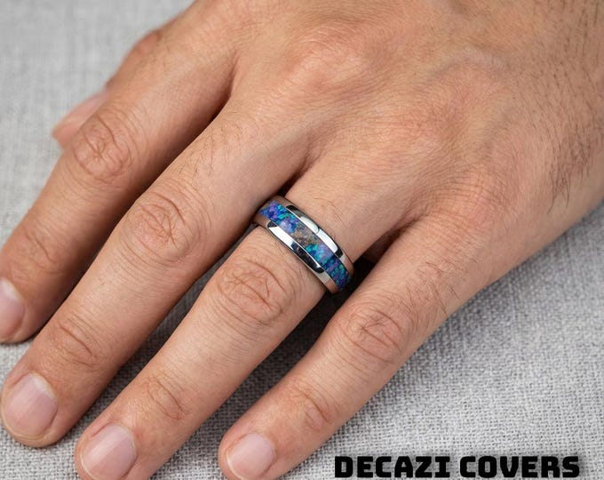 8mm Tungsten Domed Ring with Purple & Blue Opal and Dinosaur Bone Inlay • Galaxy-Inspired Wedding Band • Cosmic Men’s or Women’s Ring Decazi