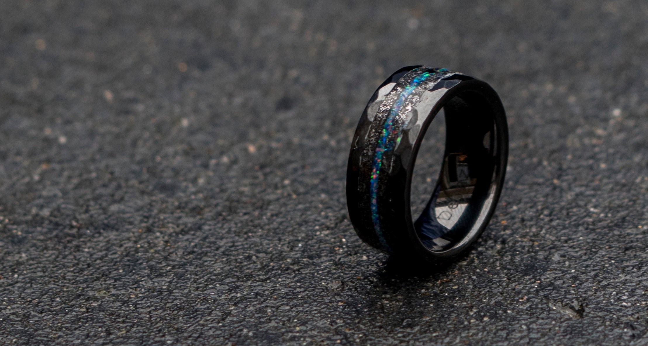 Black Hammered Ceramic Meteorite Ring, Men's Wedding Band, Opal