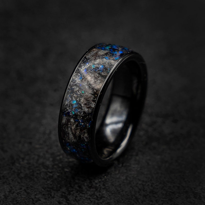 purple opal. mens wedding band triceratops ring meteorite ring men jewelry dinosaur bone ring engagement black ceramic ring