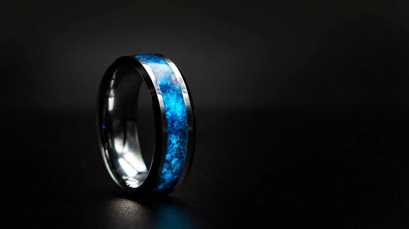 Glow in the dark Smooth Tungsten Opal Inlay Wedding Band, Unique