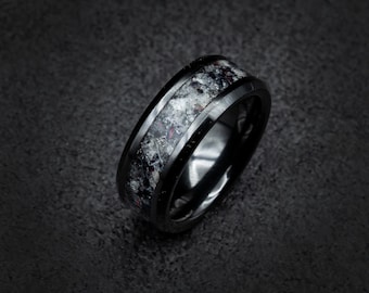 Moonstone & Black Opal Ceramic Ring 8mm | Meteorite Dust Inlay | Subtle Glow | Beveled Comfort Fit Men’s Band