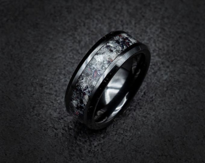 Moonstone & Black Opal Ceramic Ring 8mm | Meteorite Dust Inlay | Subtle Glow | Beveled Comfort Fit Men’s Band