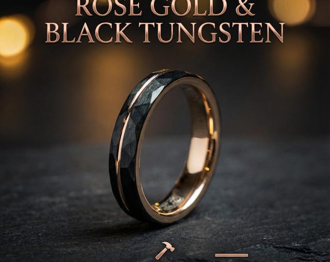 Women's Black Rose Gold Ring, Hammered Wedding Band, Alternative Wedding Ring, Unique Engagement Ring, 4mm Ring | Decazi