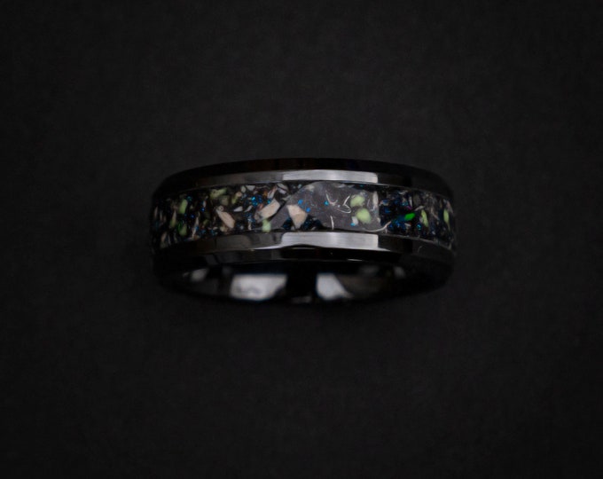 Spinosaurus dinosaur with Blue galaxy opal and meteorite dust, meteorite ring, glow ring, unique ring, mens wedding band, handmade | Decazi