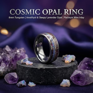 Opal ametistring med meteorit, herrvigselring, herrförlovningsring, ametistguldring, decazi