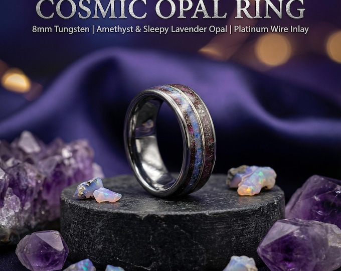 opal amethyst ring with meteorite, mens wedding band, mens engagement ring, amethyst gold ring, decazi