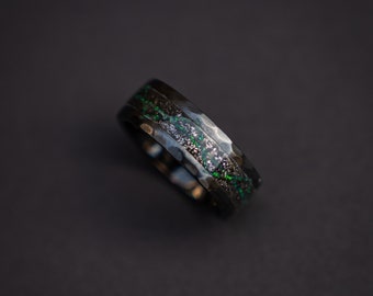 Black Ceramic ring with meteorite and galaxy opal, wedding band, engagement ring