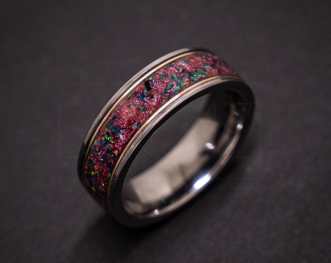 Silver Tungsten Wedding Band 8mm – Nebula Galaxy Inlay + Black Opal (Green Fire) – 18K Gold Wire – Comfort Fit Ring