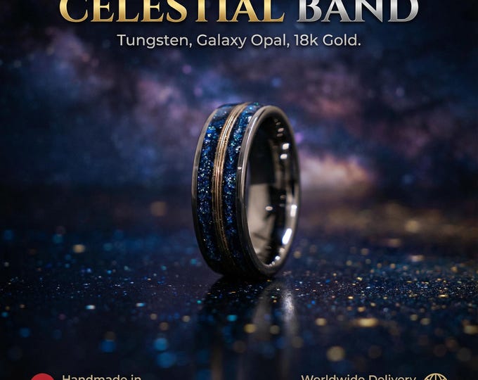 Tungsten Wedding Band with Galaxy Opal & 18K Gold Wire Inlay – Silver Tungsten Ring 8mm Comfort Fit – Men’s Engagement Ring