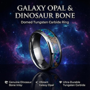 Bague bombée en tungstène de 8 mm avec opale violette et bleue et incrustation d'os de dinosaure • Alliance inspirée de la galaxie • Bague cosmique pour homme ou femme Decazi