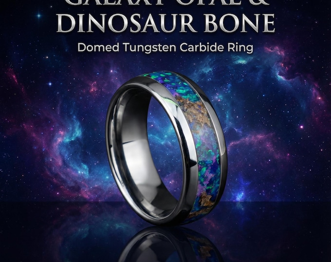 8mm Tungsten Domed Ring with Purple & Blue Opal and Dinosaur Bone Inlay • Galaxy-Inspired Wedding Band • Cosmic Men’s or Women’s Ring Decazi