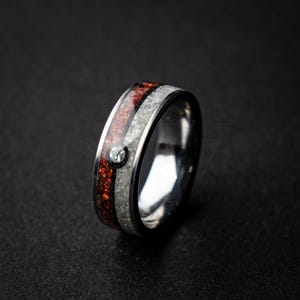 Anime Inspired “Capture Ball” Tungsten Ring – Silver Tungsten Band 8mm – Red + White Opal Inlay – CZ Accent – Aqua Glow – Comfort Fit