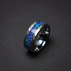 mens opal ring. Galaxy opal. Tungsten ring for men. meteorite opal ring. Hammered. wedding band men. ring with opal inlay 8mm ring image 5