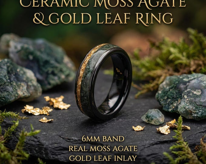 Moss Agate Jewelry, Moss Agate Wedding Ring, Engagement Ring, Green Moss Agate ring, Gold Leaf, Unique Ring, Handmade Jewelry | Decazi