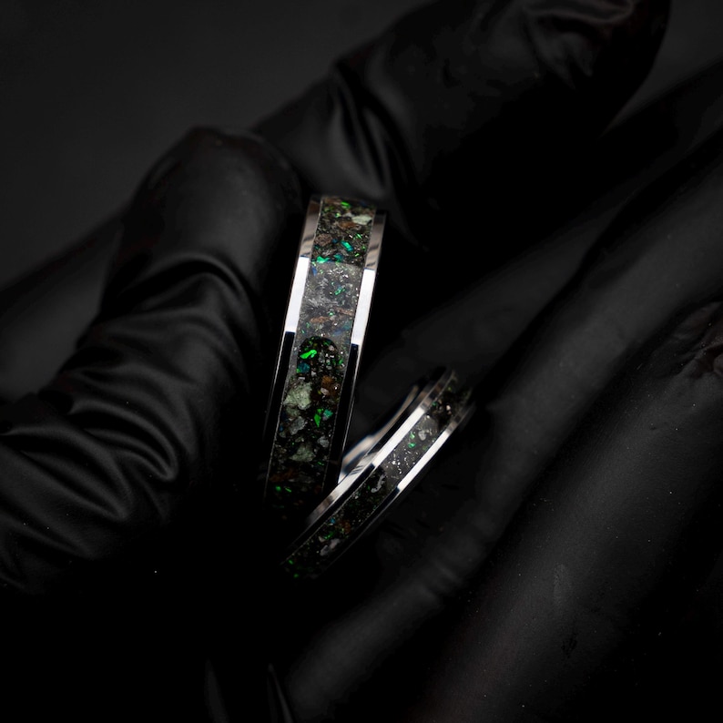 dinosaur fossil ring set, tungsten wedding band set, dark green opal ring, meteorite wedding band, glow inlay ring, unique couples ring set, engraved wedding rings, fossil gemstone ring, cosmic wedding band