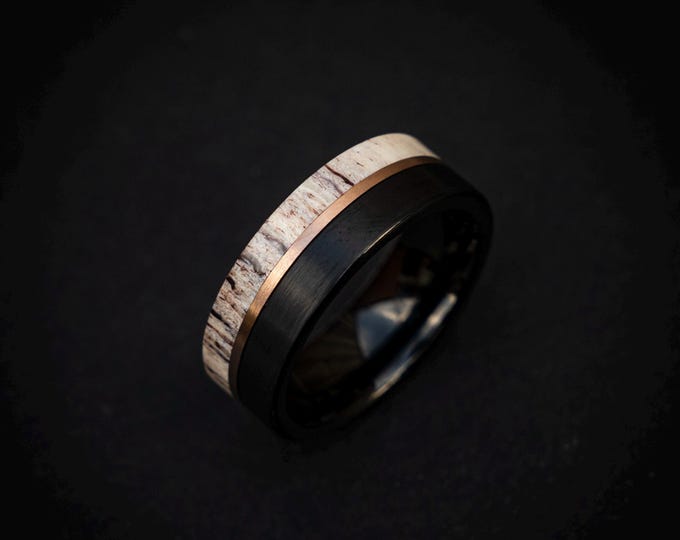 8mm Black Tungsten Ring with Elegant Deer Antler and Rose Gold Wire Inlay - | Decazi
