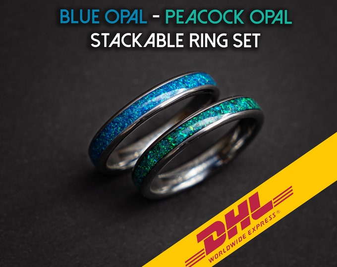 stackable opal tungsten rings, stackable rings, blue opal ring, couples ring, delicate engagement rings, opal ring for woman, thin ring