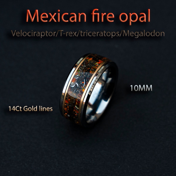 Bague en os de dinosaure de 10mm avec copeaux mexicains d’opale de feu et de météorite, bague d’homme, alliance pour hommes, bague météorite, alliance | Decazi