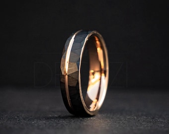 Black & Rose Gold Tungsten Wedding Band 6mm – Faceted Hammered Ring – Men’s Modern Wedding Ring – Comfort Fit – Matte Black
