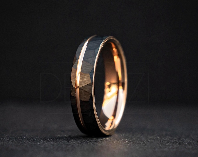 Black & Rose Gold Tungsten Wedding Band 6mm – Faceted Hammered Ring – Men’s Modern Wedding Ring – Comfort Fit – Matte Black
