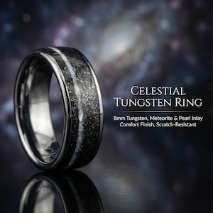 Bague homme en tungstène et météorite, bague ornée de perles broyées, alliance homme, bague de mariage large et unique pour lui, bijou de mariage pour homme