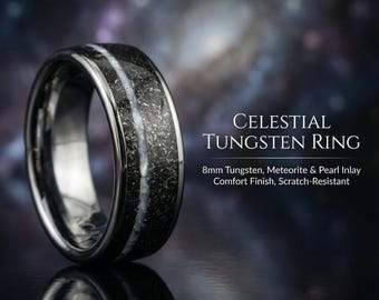 Mens Meteorite Tungsten Ring, Crushed Pearl Band Ring, Men's Wedding Band, Wide Band Unique Wedding Ring for Him, Men's Wedding Jewelry