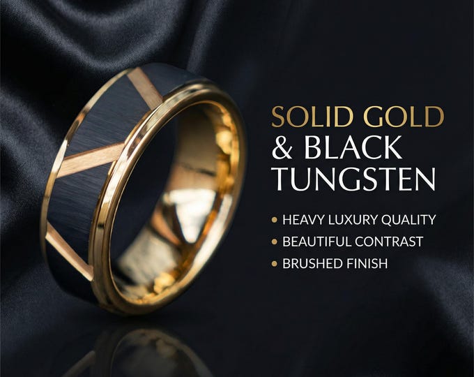 Faceted Gold Tungsten Ring with gray brushed pattern - mens wedding band - Mens Womens Engagement, Promise Ring | Decazi