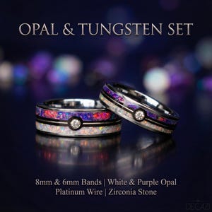 Master Ball Platinum Silver Tungsten Ring Set, Couples Ring, Wedding Ring Set, Fire Opal Ring, Japanese Anime Inspired,