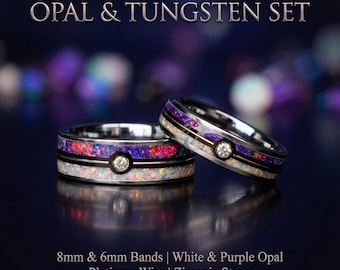 Master Ball Platinum Silver Tungsten Ring Set, Couples Ring, Wedding Ring Set, Fire Opal Ring, Japanese Anime Inspired,