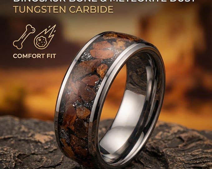 Tungsten Wedding Band Men Custom, Dinosaur Bone Meteorite Ring, Tungsten Wedding Ring Men, T Rex Wedding Band Opal, Tungsten Meteorite Ring