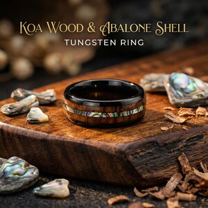 mens wood ring, Koa wood, Black ceramic ring, Abalone shell, mens wedding band, ceramic ring, male engagement ring, decazi mens, ring men.