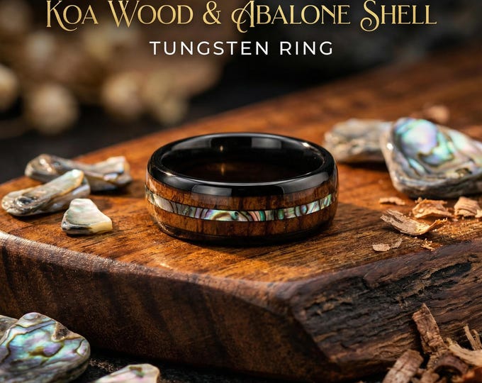 mens wood ring, Koa wood, Black ceramic ring, Abalone shell, mens wedding band, ceramic ring, male engagement ring, decazi mens, ring men.