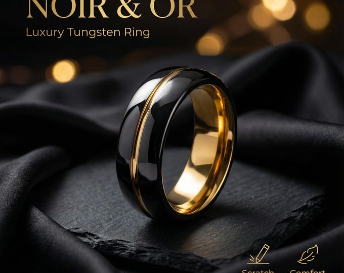 6mm domed black tungsten ring with gold line, ring for men, mens wedding band, thin ring | Decazi