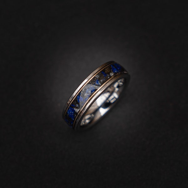 Lapis Lazuli Meteorite gold ring band, wedding band mens, raw gemstone ring, gold wire ring, tungsten ring men, delicate engagement ring