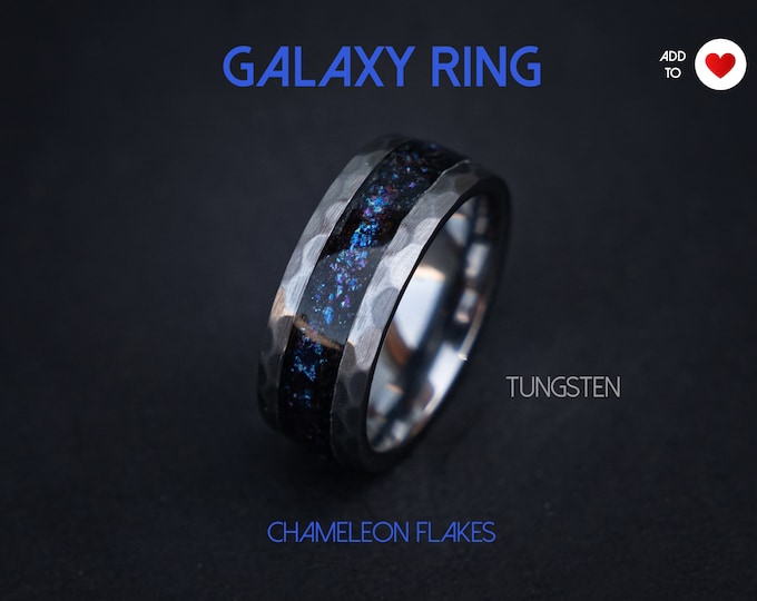 Galaxy ring, tungsten ring, mens wedding band, unique, 2 tone, cool mens ring, handmade jewelry, galaxy, chameleon flakes