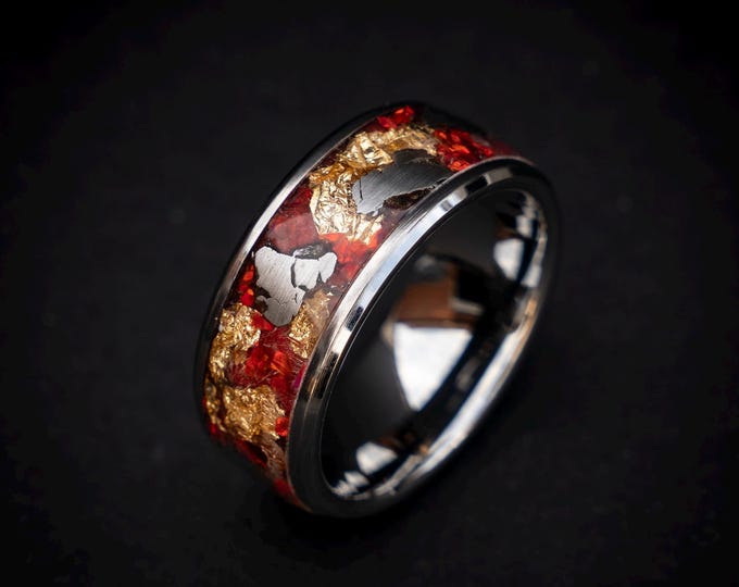 Stunning Exclusive 10mm Ring: Ruby Opal, 24K Gold Leaf & Campo del Cielo Meteorite | Decazi