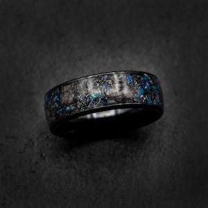 Megalodon/triceratops ring, mens/womans wedding band, black ceramic ring, dinosaur bone ring, meteorite ring men, purple opal.