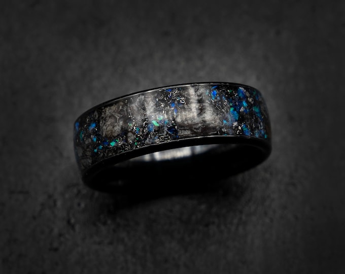 Megalodon/triceratops ring, mens/womens wedding band, black ceramic ring, dinosaur bone ring, meteorite ring men, purple opal.