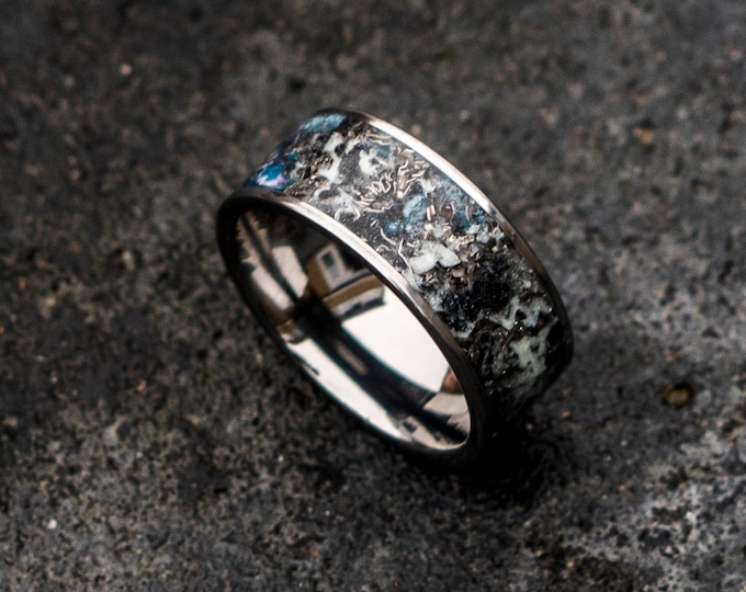 Titanium shaving ring. Glowstone ring. Man opal ring. unique mens ring. Silver tungsten ring, mens opal ring. crushed opal ring. 8mm ring.