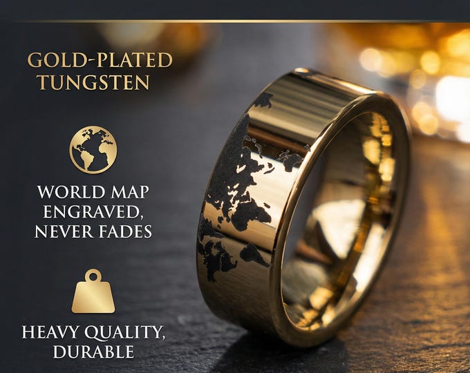 Gold Tungsten Ring with laser engraved world map - gold engraved Wedding Band - Mens Womens Engagement, Promise Ring, handmade | Decazi