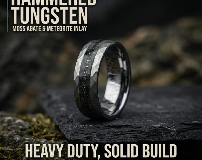 Silver Green Real Nature Moss Agate and Meteorite Ring Men and Women