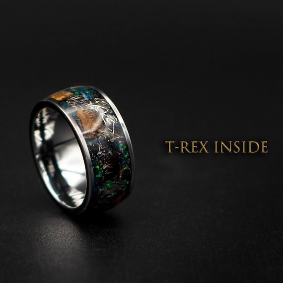 Dinosaur bone ring with Genuine tyrannosaurus and meteorite shavings.