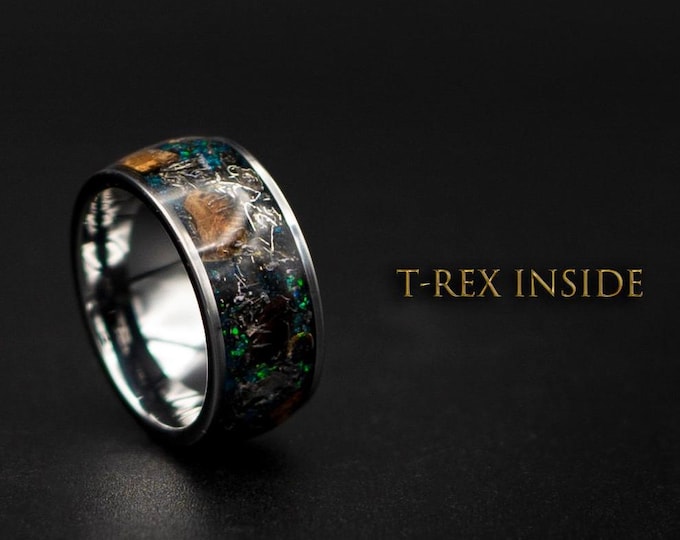 Dinosaur bone ring with Genuine tyrannosaurus and meteorite shavings.