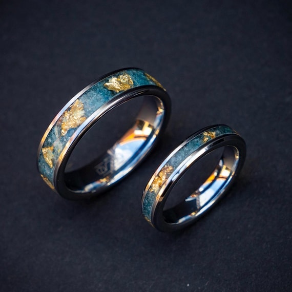 Raw Aquamarine & Gold Leaf Ring Set – Matching Tungsten Wedding Bands 6mm  4mm – His and Hers Couples Rings – Comfort Fit
