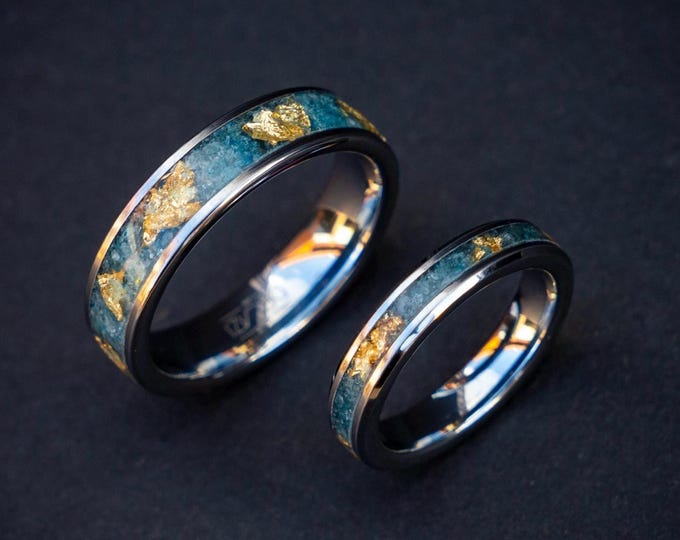 Raw Aquamarine & Gold Leaf Ring Set – Matching Tungsten Wedding Bands 6mm  4mm – His and Hers Couples Rings – Comfort Fit