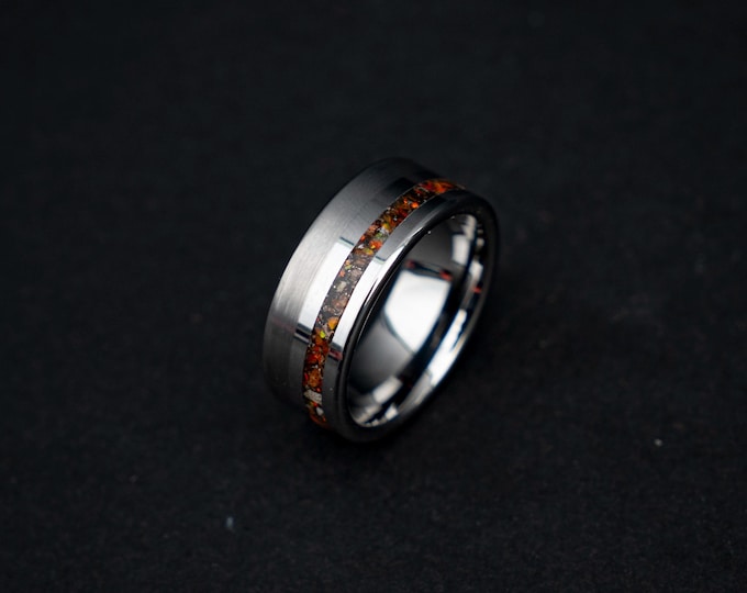 Tungsten Ring with Mexican Fire Opal, Meteorite & Fossilised Dinosaur Bone • Men’s Unique Wedding Band • Cosmic Opal • Rare Inlay Band.