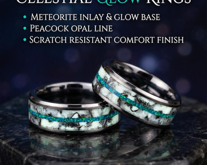 Glow in the dark couples rings matching, couple rings, Meteorite ring, green opal ring, glowstone ring, personalized couple rings, | Decazi